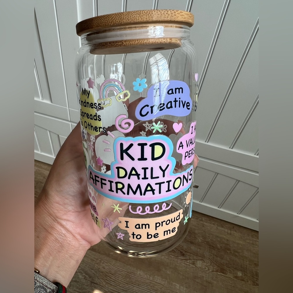 16oz glass cup with straight clear straw, bamboo lid. Kid Daily Affirmations